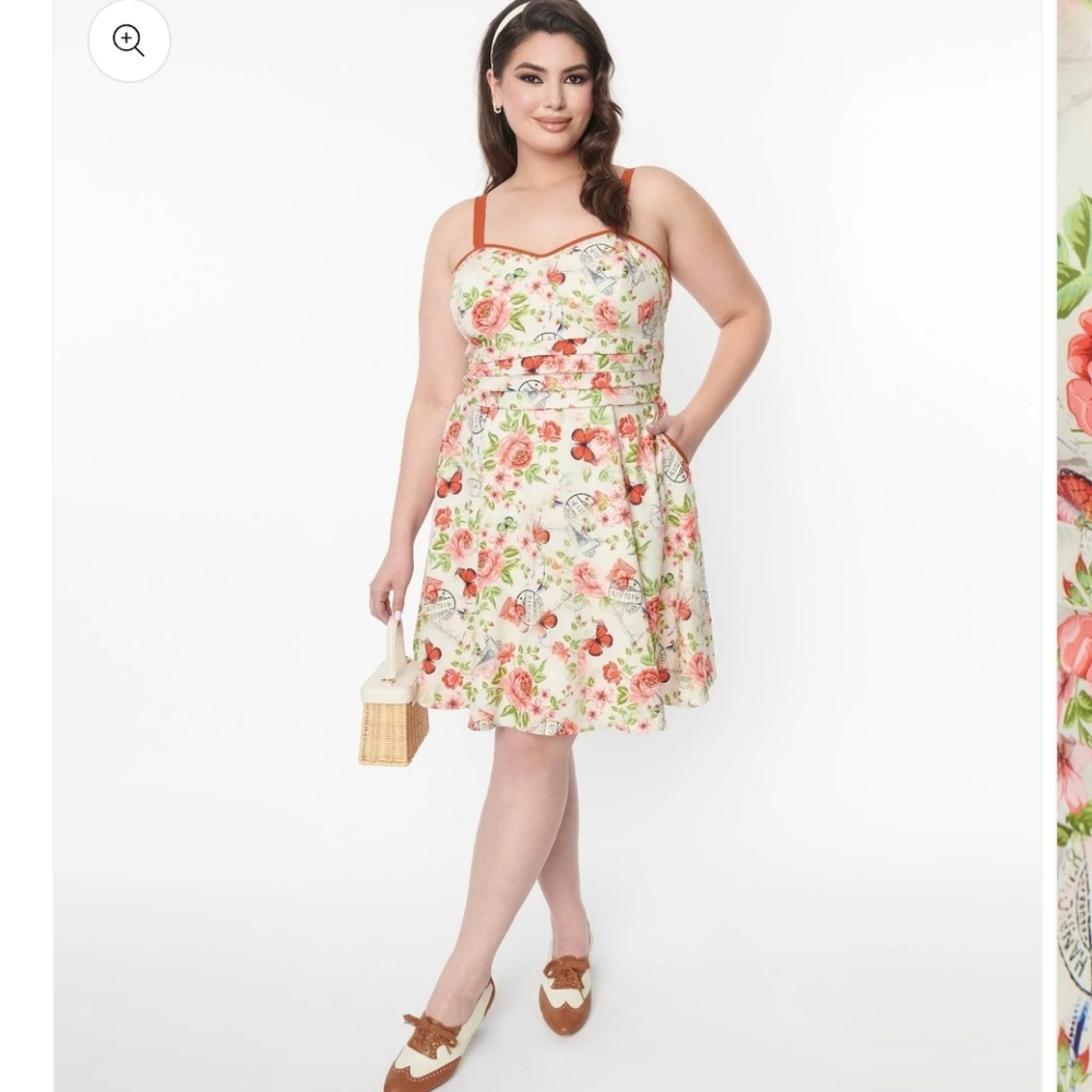 Unique Vintage Cream Floral Sundress with Coral Trim